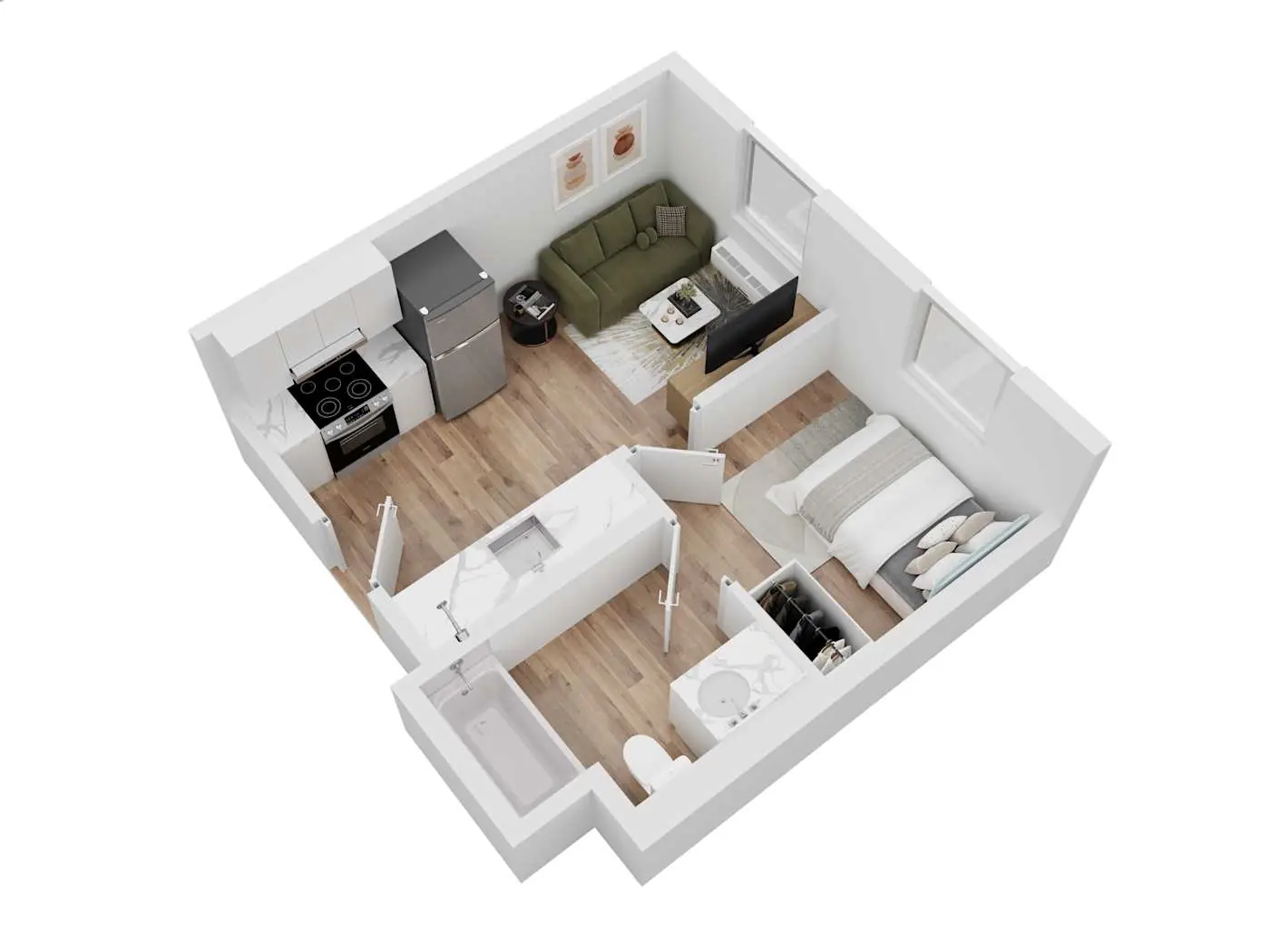 3D floor plan view of the one-bedroom apartment