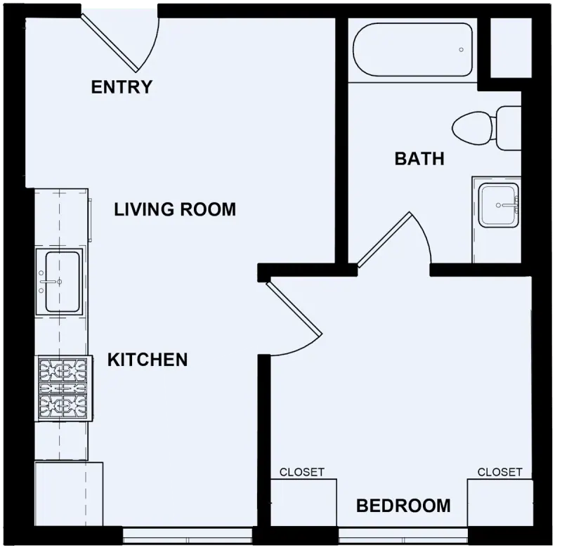 Labeled floor plan diagram for the one-bedroom residence