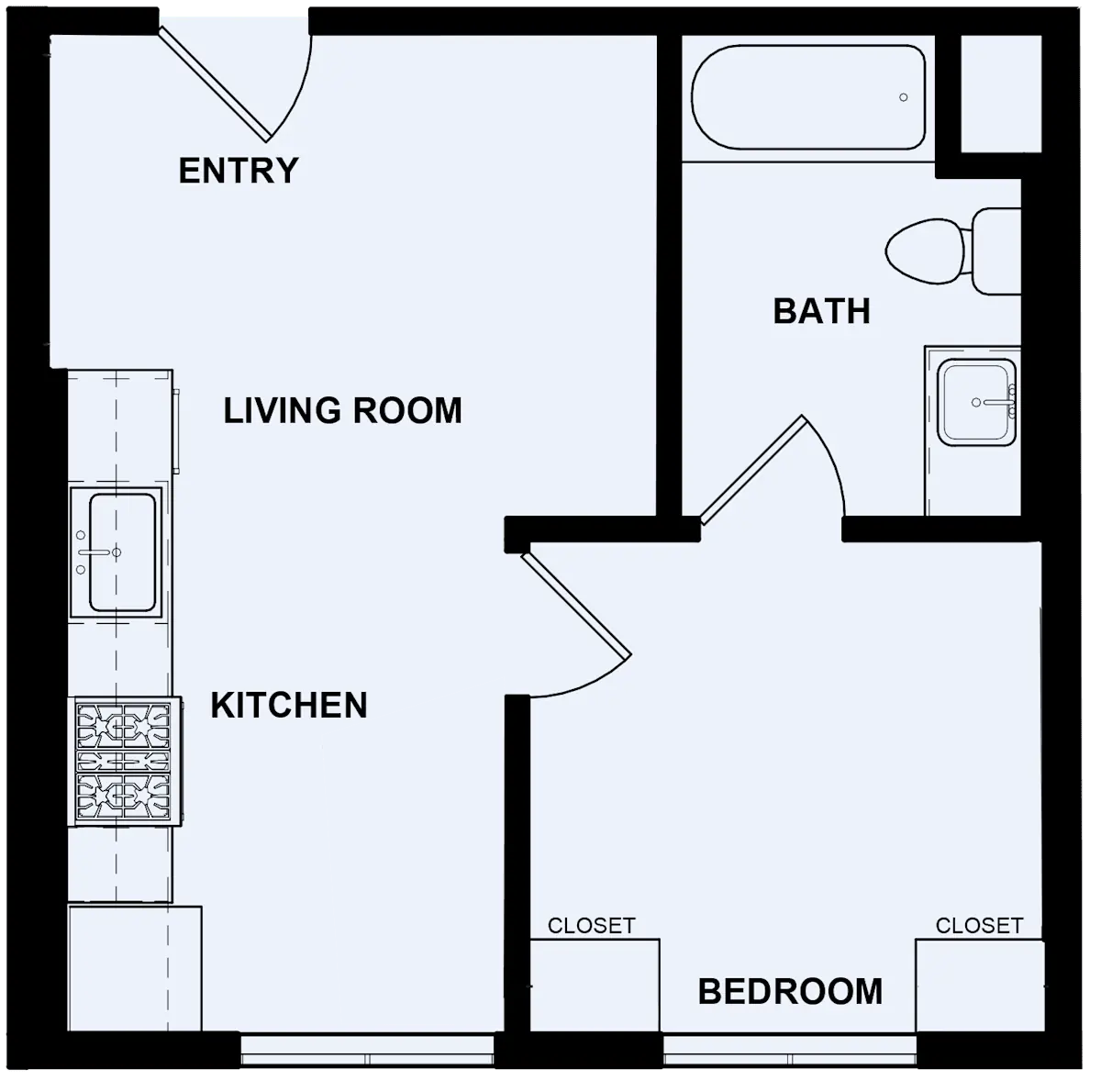 Labeled floor plan diagram for the one-bedroom residence