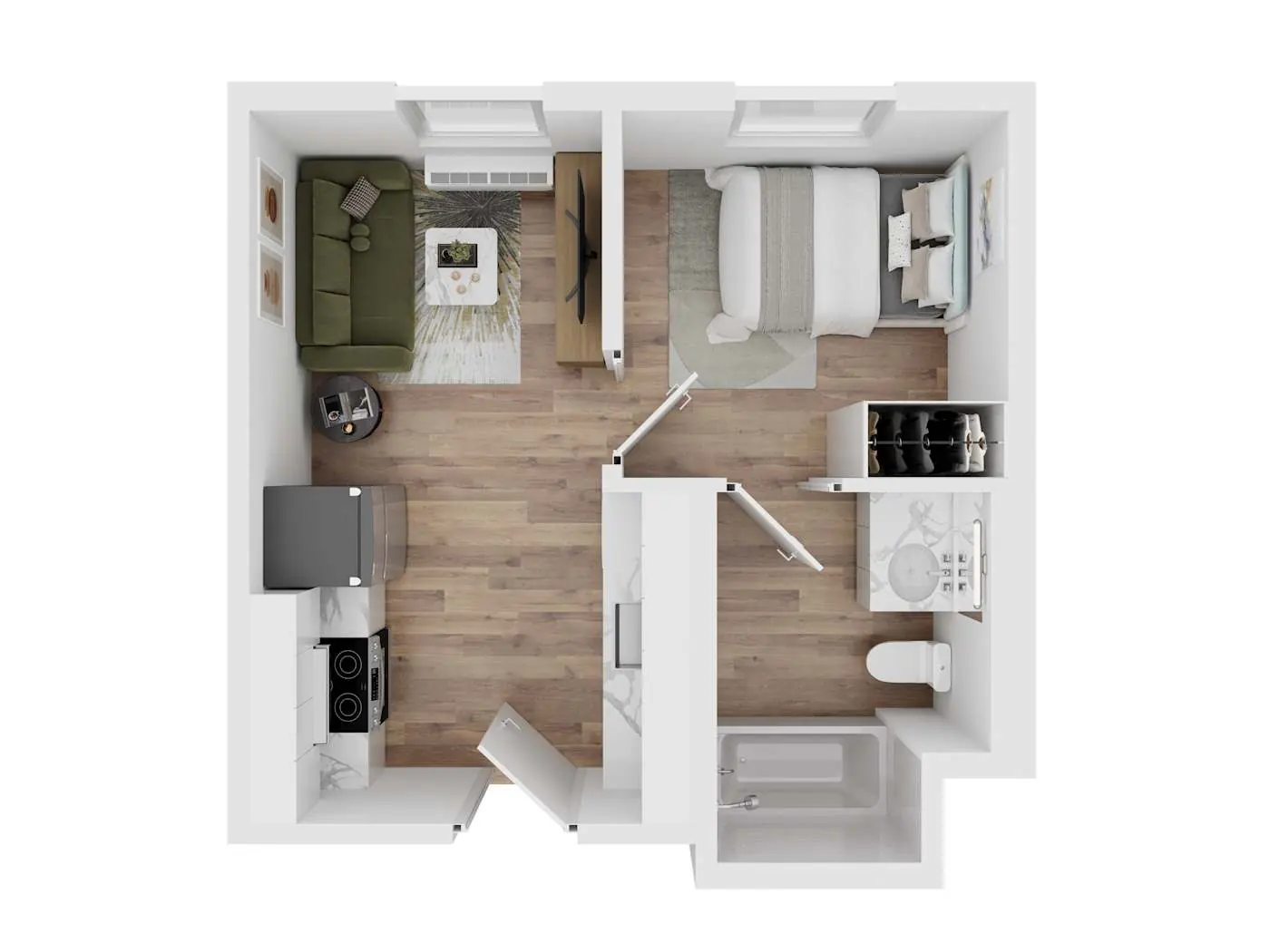 Top-down 3D view of the living room and kitchen